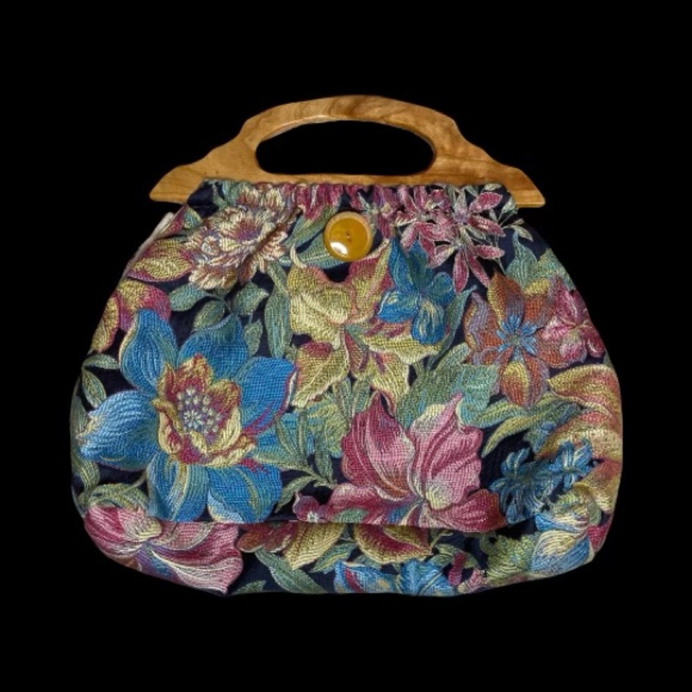 Vintage Tapestry Bag Wood Handles.